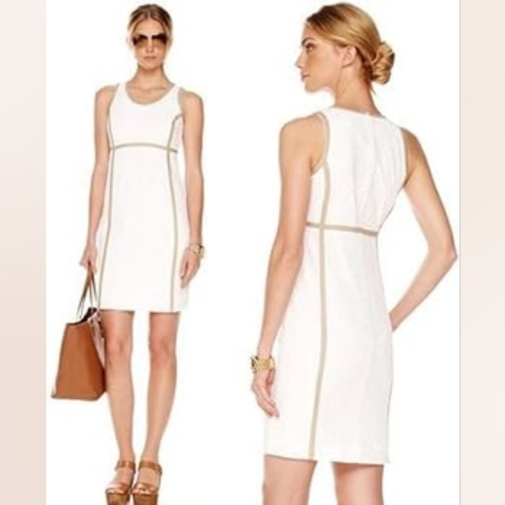 Michael Kors Size 2‎ Sleeveless White Floral Lace Beige Trim Midi Sheath Dress